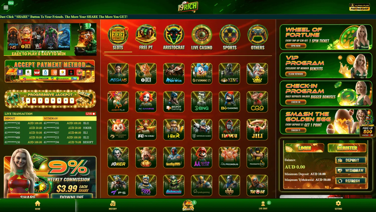 19rich Casino home experience on desktop