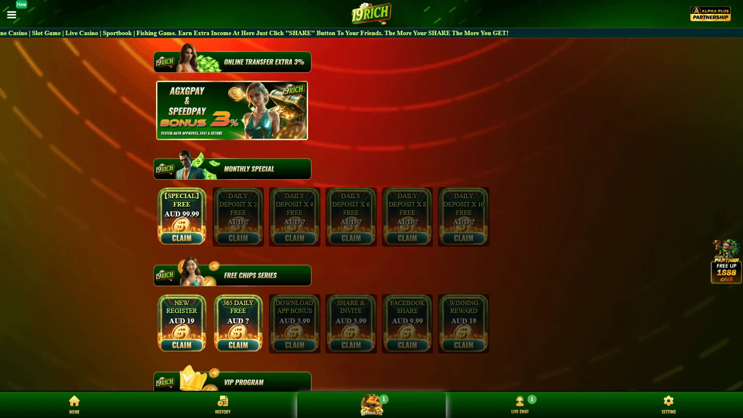 19rich Casino promotions experience on desktop